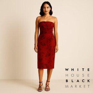 White House Black Market Sz 6 Red & Black Floral Strapless Dress Cocktail Party